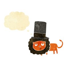 cartoon lion in top hat with thought bubble N2