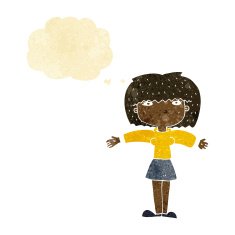 cartoon woman shrugging shoulders with thought bubble N62