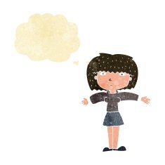 cartoon woman shrugging shoulders with thought bubble N63