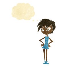 cartoon girl with hands on hips thought bubble N3