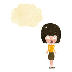 cartoon woman shrugging shoulders with thought bubble N66