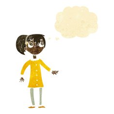 cartoon worried girl with thought bubble