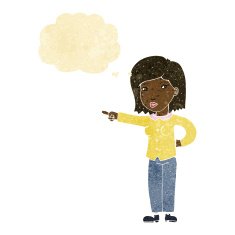 cartoon woman pointing with thought bubble N28