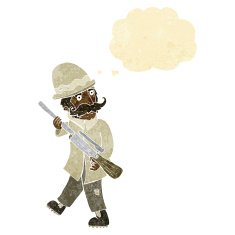 cartoon big game hunter with thought bubble