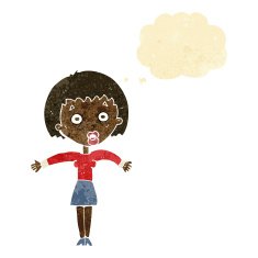 cartoon woman shrugging shoulders with thought bubble N70