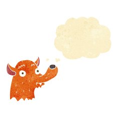 cartoon happy fox with thought bubble