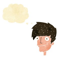 cartoon smiling man with thought bubble N5