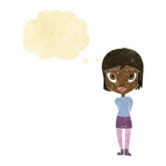 cartoon shy girl with thought bubble