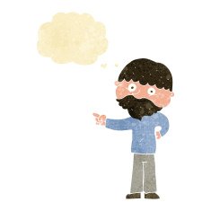 cartoon bearded man pointing with thought bubble N2