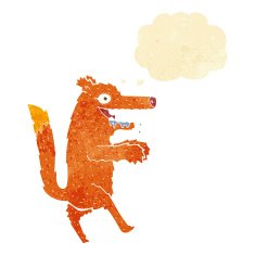 cartoon hungry fox with thought bubble