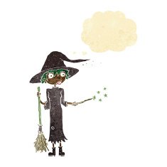 cartoon witch casting spell with thought bubble N3