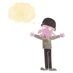 cartoon alien squid face man with thought bubble