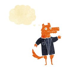 cartoon fox businessman with thought bubble