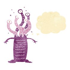 cartoon monster with thought bubble N7