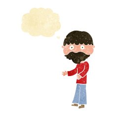 cartoon happy bearded man with thought bubble N2