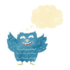cartoon happy owl with thought bubble