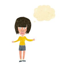 cartoon woman shrugging shoulders with thought bubble N72