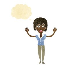cartoon woman stressing out with thought bubble N4