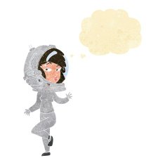 cartoon woman wearing space helmet with thought bubble N3