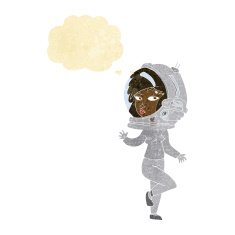 cartoon woman wearing space helmet with thought bubble N4