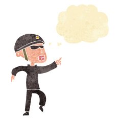 cartoon man in bike helmet pointing with thought bubble