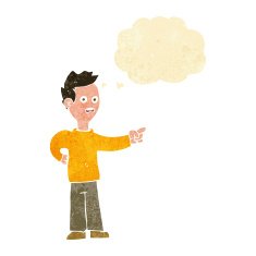 cartoon shocked boy pointing with thought bubble N2