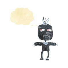 cartoon robot with thought bubble N20
