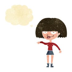 cartoon smug woman making dismissive gesture with thought bubble N2