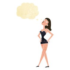 cartoon woman in party dress with thought bubble