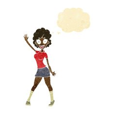 cartoon woman dancing with thought bubble N6