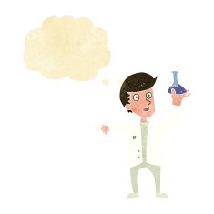 cartoon happy scientist with thought bubble N2