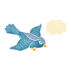 cartoon flying bird with thought bubble N3