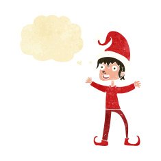 cartoon excited christmas elf with thought bubble