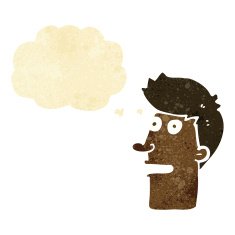 cartoon shocked male face with thought bubble