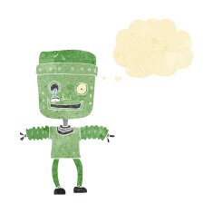 cartoon robot with thought bubble N24