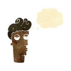 cartoon bored man's face with thought bubble
