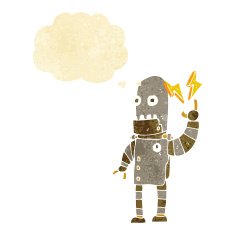 cartoon old robot with thought bubble N2