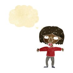 cartoon girl looking upwards with thought bubble