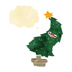 cartoon dancing christmas tree with thought bubble N2