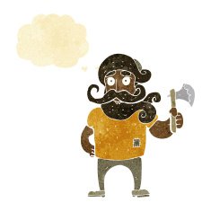 cartoon lumberjack with axe thought bubble