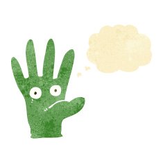 cartoon hand with eyes thought bubble