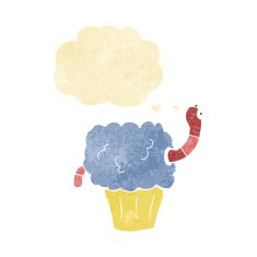 cartoon worm in cupcake with thought bubble N2