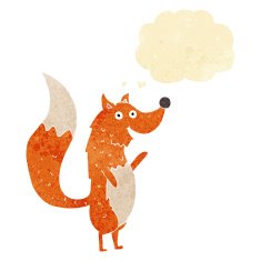 cartoon waving fox with thought bubble N2