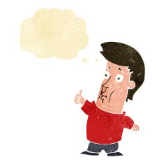 cartoon man giving thumbs up sign with thought bubble N3
