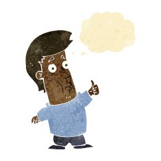 cartoon man giving thumbs up sign with thought bubble N4