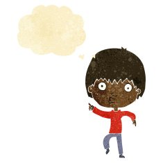 cartoon impressed boy pointing with thought bubble
