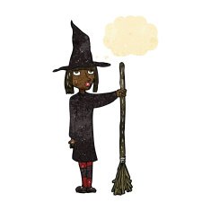 cartoon witch with thought bubble N2