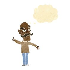 cartoon old man telling story with thought bubble