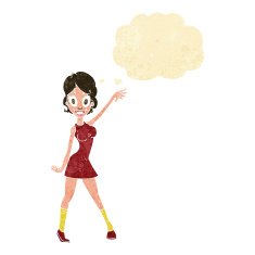 cartoon party girl with thought bubble