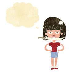 cartoon woman with knife between teeth thought bubble N8